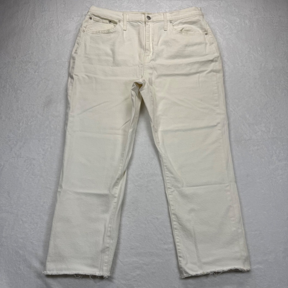 Madewell High-Rise Slim Crop Boyjean White Denim Jeans Frayed Hem Size 32 READ